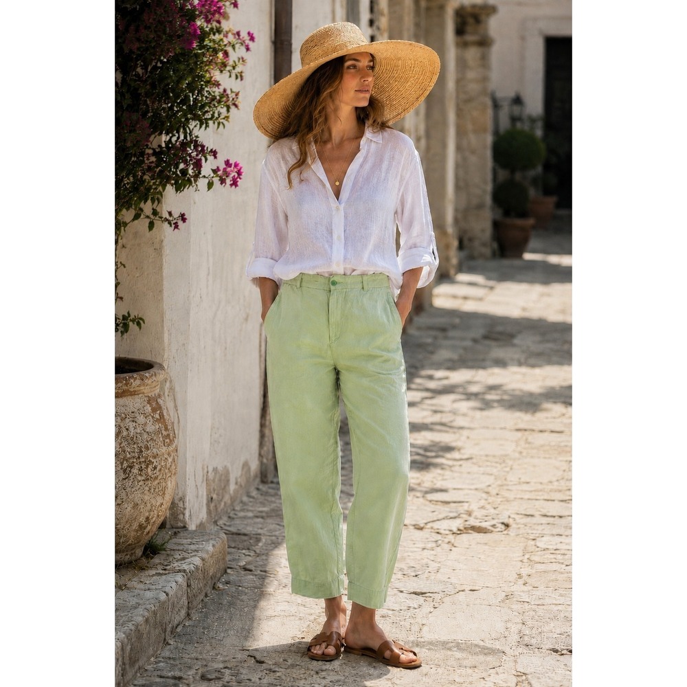 Women's Linen Wide Leg Pant Sz 12 Pastel Green Coastal Beachy Lightweight Breezy